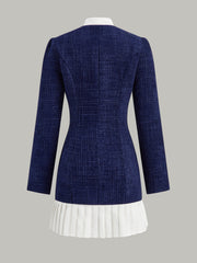 Pleated Hem Bow Neckline Tweed Mini Dress