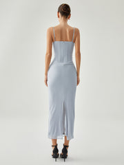 Ribbed Draped Slit Mesh Tank Long Dress