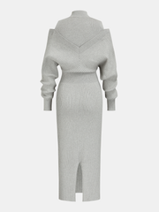 Off-Shoulder Waist-Defined Rib-Knit Midi Dress