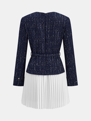 Pleated Hem Panel Tweed Belted Mini Dress