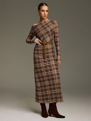 Plaid Mesh Off-Shoulder Maxi Dress without Belt