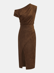 Suede Effect One-Shoulder Ruched Midi Dress