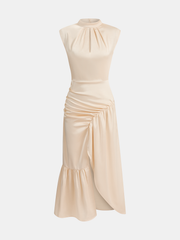Sleeveless Ruched Split Satin Midi Dress