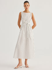 Polka Dot Tie Waist Cotton Linen Maxi Dress