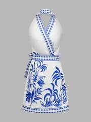 Botanical Print Halter Wrap Dress